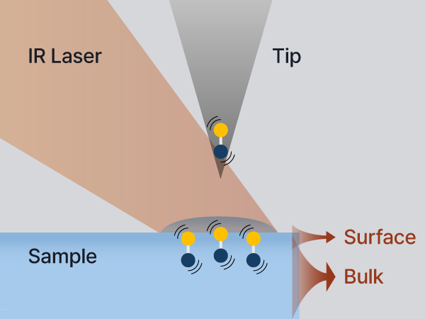 Illustration of nano-IR measurement using an IR laser and AFM tip to analyze surface and bulk properties.