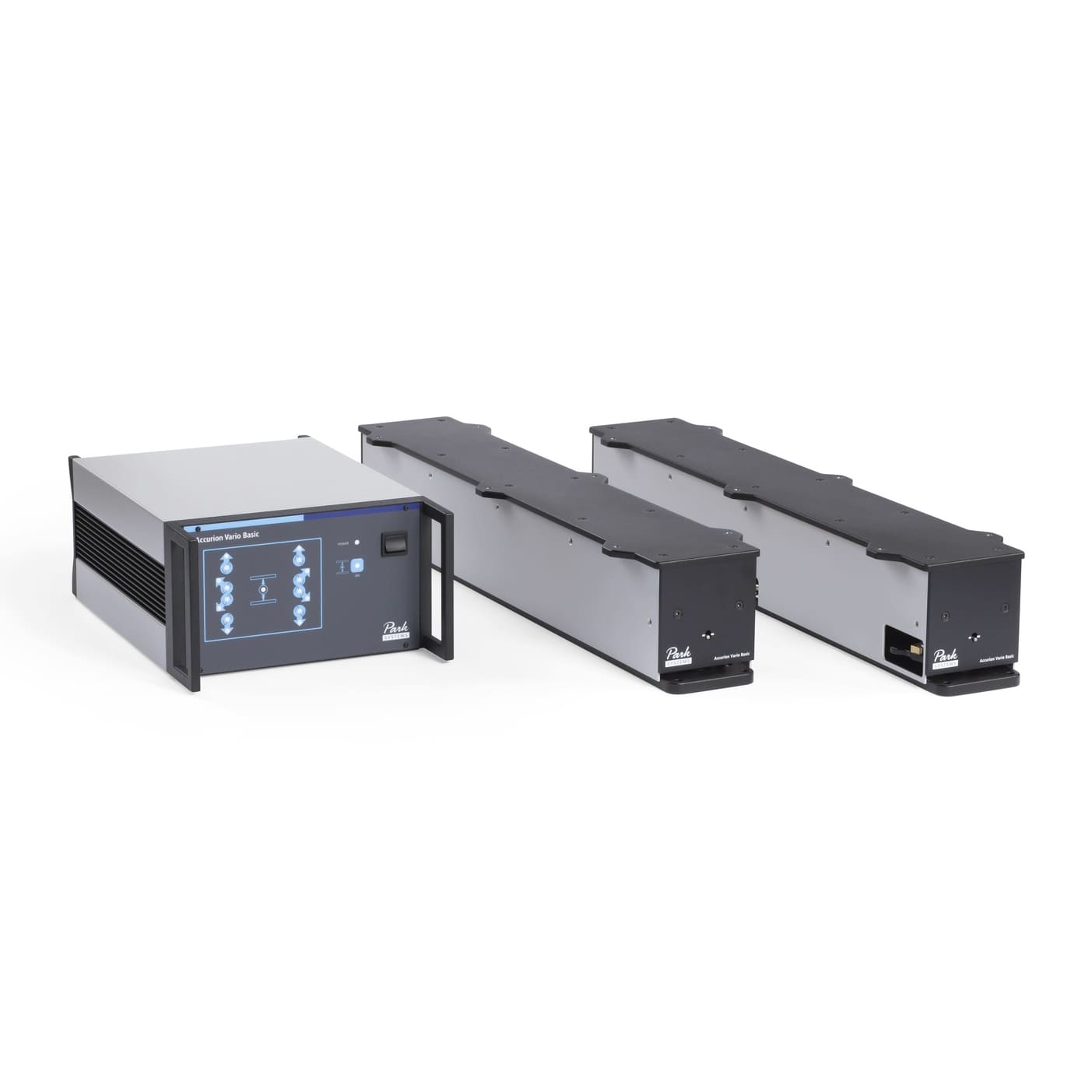Park Systems Accurion Vario modular active vibration isolation system with two or more elements, designed for high static loads up to 900 kg, featuring automatic load adjustment, steel support frame, acoustic enclosure, and a rack-mountable external control unit. Ideal for custom applications like optical breadboards or laser set-ups.